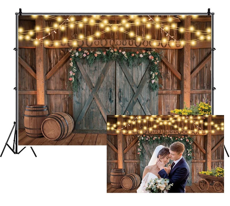 Leowefowa Shabby Chic Countryside Wedding Backdrop 10x8ft Rustic Floral Barn Door Light Strings Barrels Photography Background Bridal Shower Photo Booth Western Themed Party Banner Studio Props - Image 2